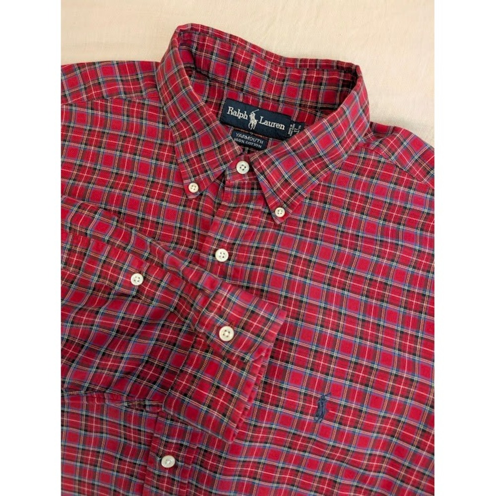 Ralph Lauren Yarmouth Shirt Mens 17 34/35 Red Plaid Cotton Button Down 90s Boxy